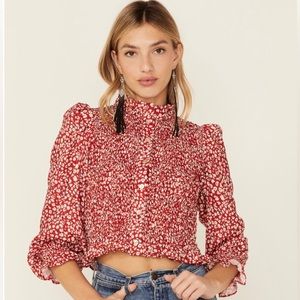 Beyond The Radar Women's Red Ditsy Smocked Button Down Blouse